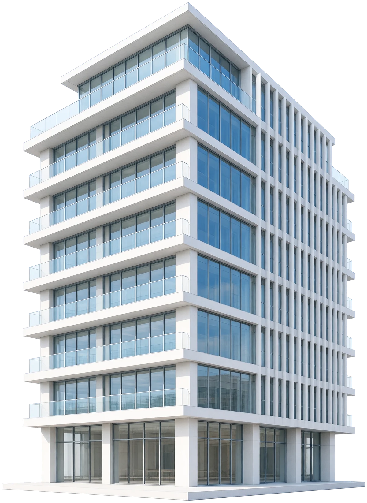 Immeuble contemporain de sept étages : béton blanc, verre bleuté, balcons vitrés et ailettes verticales